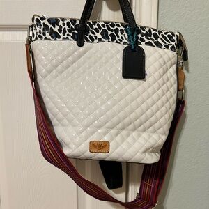 Consuela White Quilted Lola snow leopard sling tote